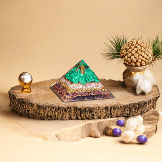 Amethyst, Melanite, and Rose Quartz Orgone Pyramid