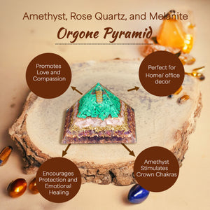 Amethyst, Melanite, and Rose Quartz Orgone Pyramid