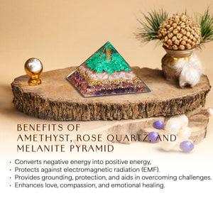 Amethyst, Melanite, and Rose Quartz Orgone Pyramid