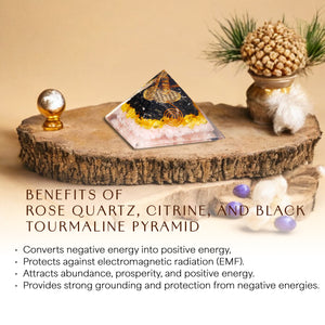 Rose Quartz, Citrine, and Black Tourmaline Orgone Pyramid