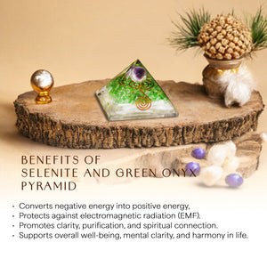 Selenite and Green Onyx Orgone Crystal Pyramid