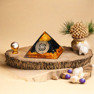 Yellow Onyx and Black Tourmaline Orgone Crystal Pyramid