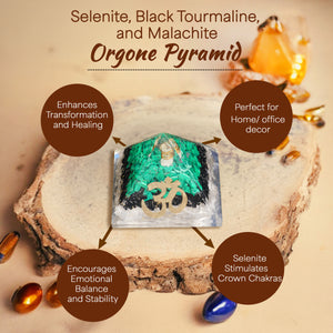 Selenite, Black Tourmaline, and Malachite Orgone Pyramid