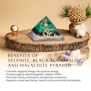 Selenite, Black Tourmaline, and Malachite Orgone Pyramid