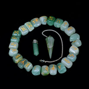 Green Jade Runes Stone Set With Pendant & Crystal Pendulum