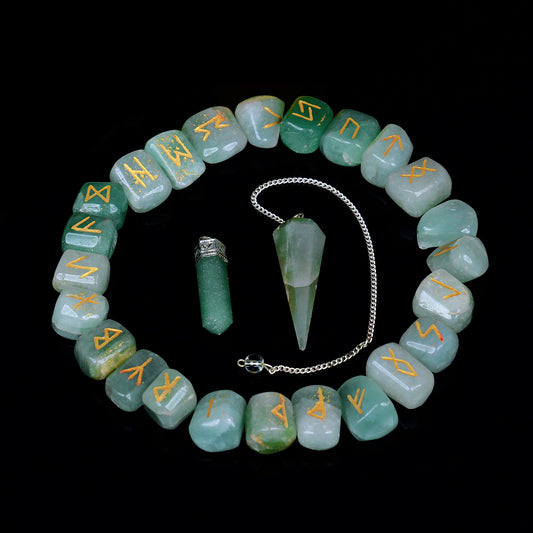 Green Jade Runes Stone Set With Pendant & Crystal Pendulum