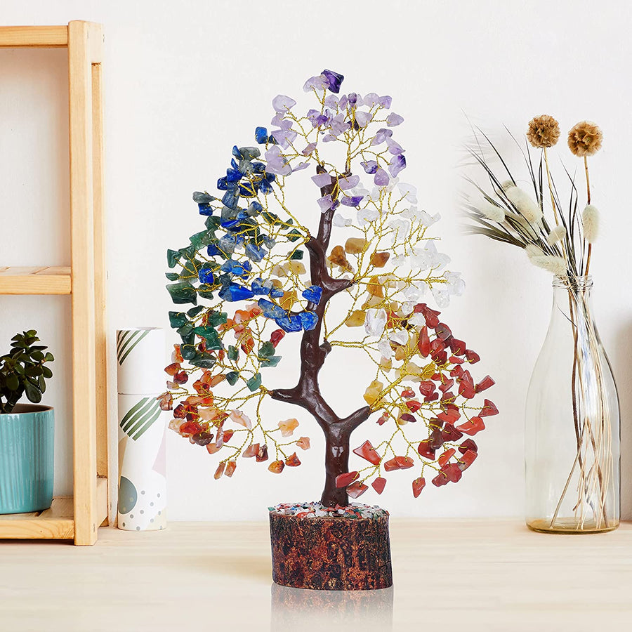 7 Chakra Crystal Tree - Feng Shui Money Tree - Reiki Gifs - Golden Wire Size: 10-12 Inch