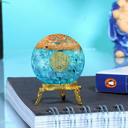 Blue Aquamarine Crystal Orgonite Ball for Decor & Reiki Healing