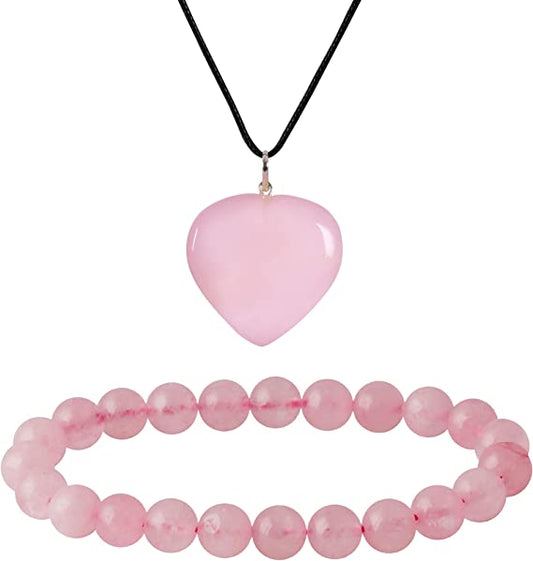 Rose Quartz Heart Locket Necklace for Teen Girls Crystal Bracelet Jewelry Set