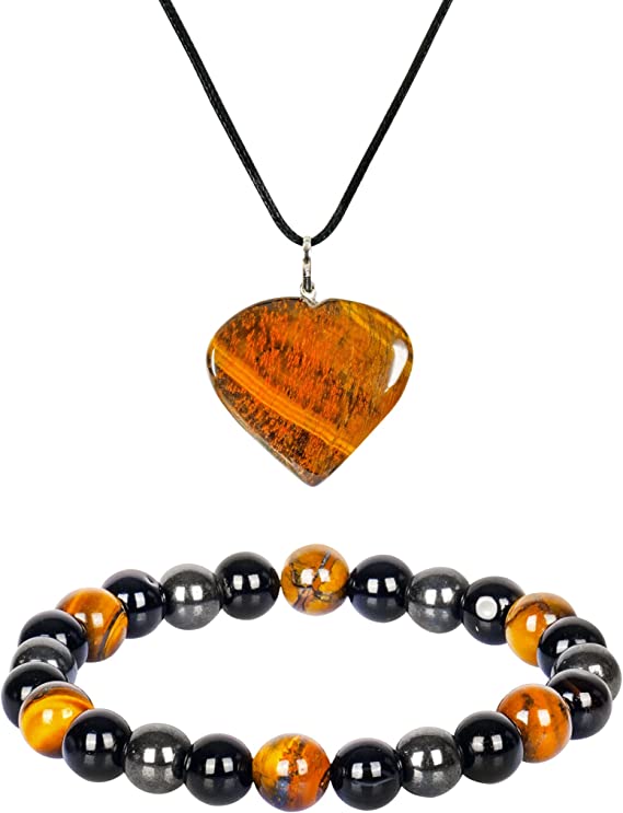 Triple Protection Bracelet Tigers Eye Necklace Heart Pendant Jewelry Combo