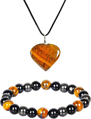 Triple Protection Bracelet Tigers Eye Necklace Heart Pendant Jewelry Combo