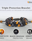 Triple Protection Bracelet - Obsidian, Hematite, Tigers Eye 8mm