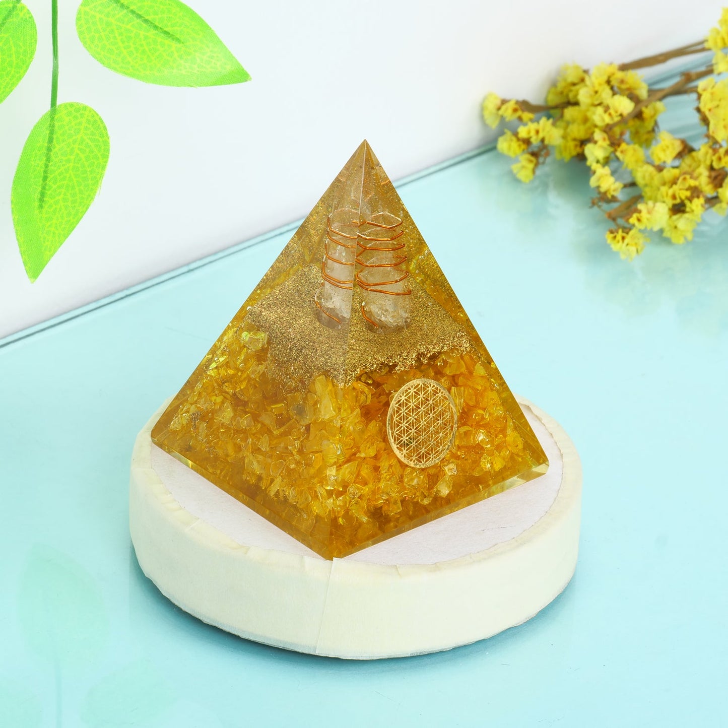 Citrine Orgone Pyramid With Copper Coil For Meditation & Crystals Healing