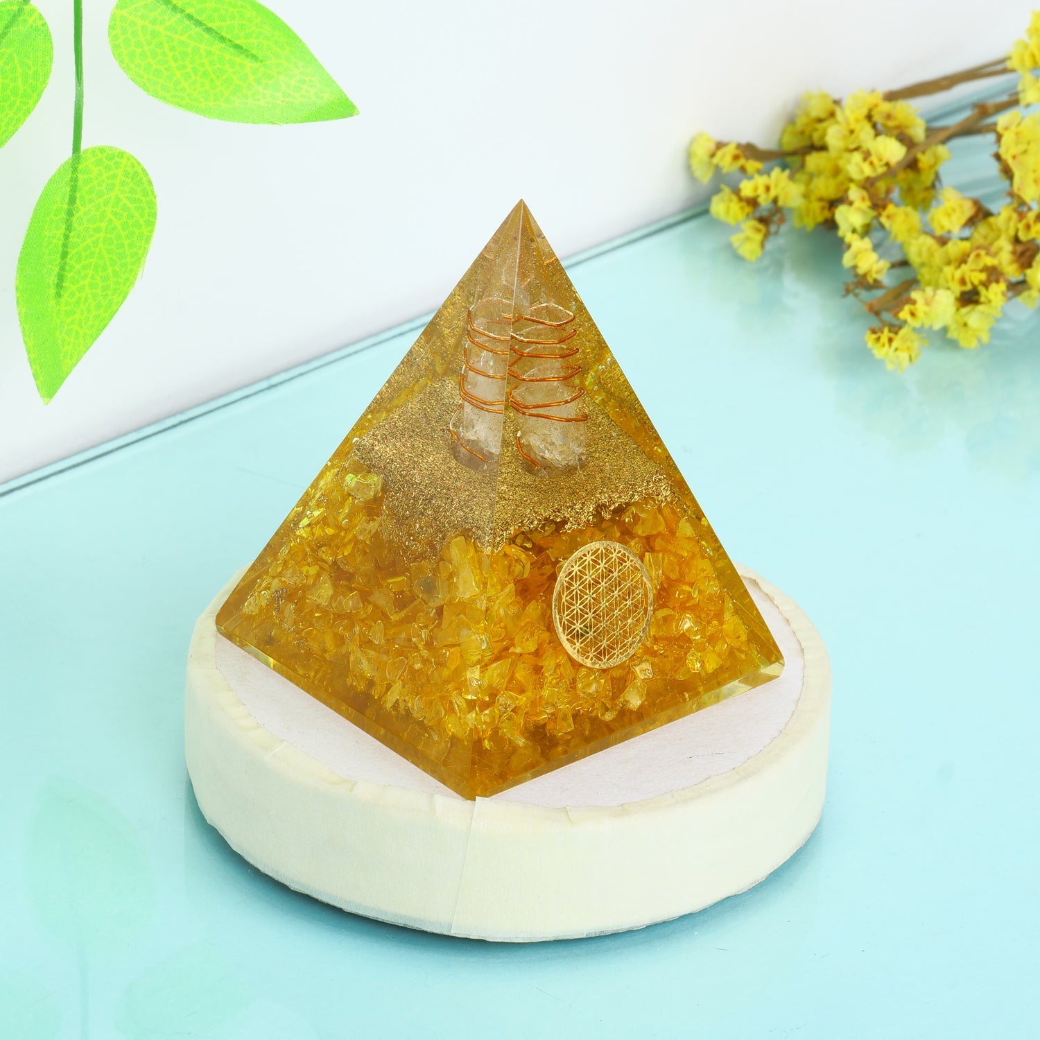 Citrine Orgone Pyramid With Copper Coil For Meditation & Crystals Healing