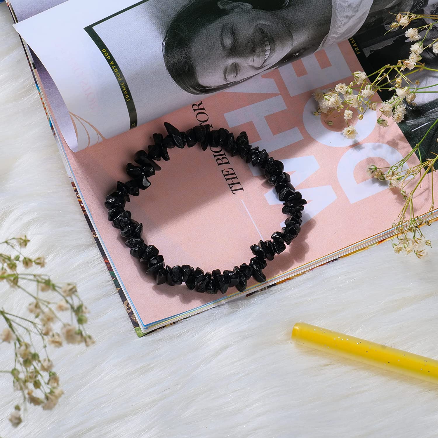 Black Tourmaline Gemstone Chip Bracelet Healing Crystals Jewelry