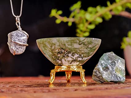 Natural Beauty: Moss Agate Crystal Bowl with Chakra Stones