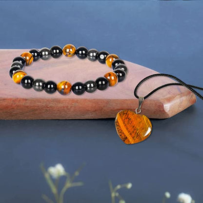 Triple Protection Bracelet Tigers Eye Necklace Heart Pendant Jewelry Combo