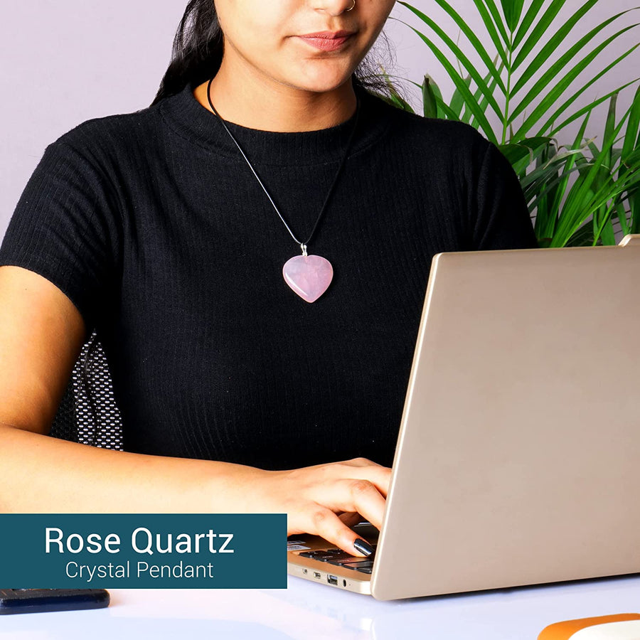Rose Quartz Crystal Pink Heart Pendant Necklace for Women
