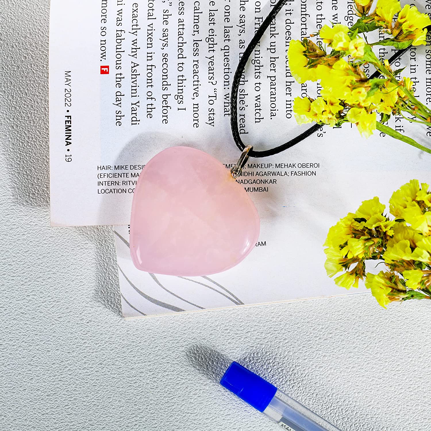 Rose Quartz Crystal Pink Heart Pendant Necklace for Women