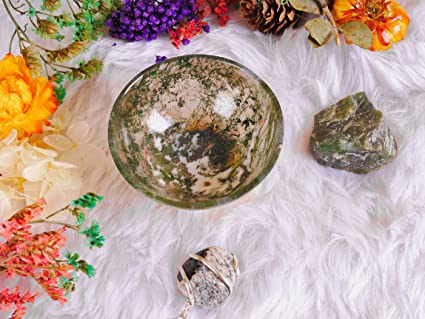 Natural Beauty: Moss Agate Crystal Bowl with Chakra Stones