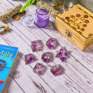 Amethyst Sacred Geometry Crystal Set 7pcs Merkaba Platonic Solids Crystal